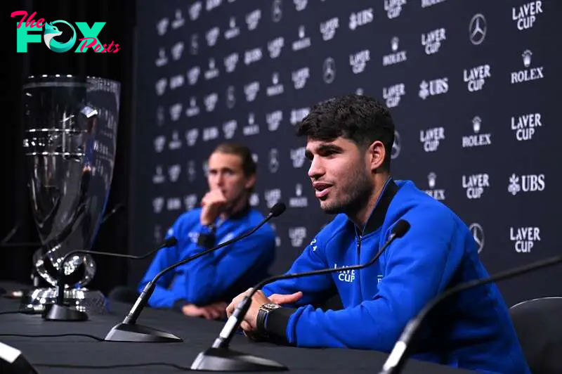 Tennis - Laver Cup - Uber Arena, Berlin, Germany - September 19, 2024 Team Europe's Carlos Alcaraz and Alexander Zverev during the press conference REUTERS/Annegret Hilse