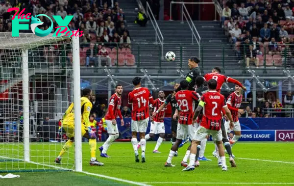 MILAN, ITALY - Tuesday, September 17, 2024: Liverpool's captain Virgil van Dijk scores the second goal during the UEFA Champions League game between AC Milan and Liverpool FC at the Stadio San Siro. (Pic by David Rawcliffe/Propaganda)