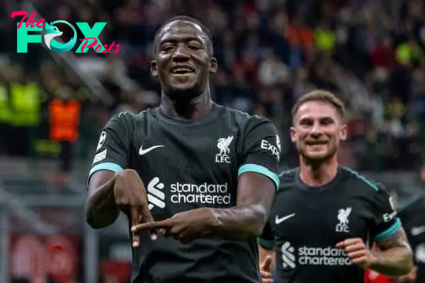 MILAN, ITALY - Tuesday, September 17, 2024: Liverpool's Ibrahima Konaté celebrates after scoring his side's first equalising goal during the UEFA Champions League game between AC Milan and Liverpool FC at the Stadio San Siro. (Pic by David Rawcliffe/Propaganda)