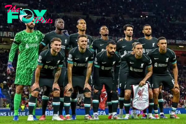 MILAN, ITALY - Tuesday, September 17, 2024: Liverpool players line-up for a team group photograph before the UEFA Champions League game between AC Milan and Liverpool FC at the Stadio San Siro. (Pic by David Rawcliffe/Propaganda)