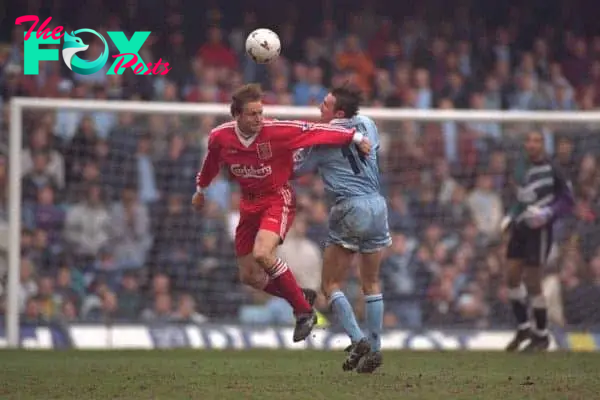 COVENTRY, ENGLAND - Saturday, April 6, 1996: Liverpool's John Scales in action against Coventry City's Noel Whelan during the Premiership match at Highfield Road. Coventry won 1-0. (Pic by David Rawcliffe/Propaganda)