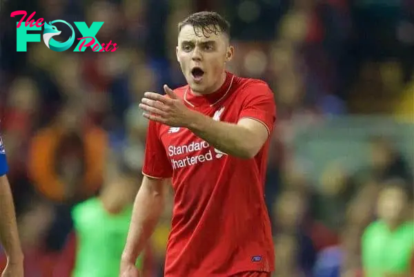 LIVERPOOL, ENGLAND - Wednesday, October 28, 2015: Liverpool's Connor Randall n action against AFC Bournemouth during the Football League Cup 4th Round match at Anfield. (Pic by David Rawcliffe/Propaganda)