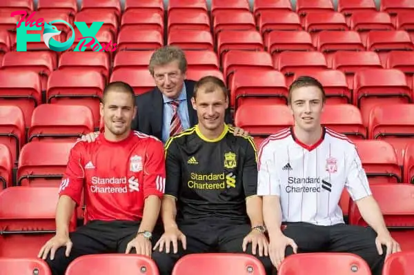 LIVERPOOL, ENGLAND - Tuesday, July 27, 2010: Liverpool FC's new signings Joe Cole, Danny Wilson and Milan Jovanovic with manager Roy Hodgson during a photo-call at Anfield. (Pic by David Rawcliffe/Propaganda)