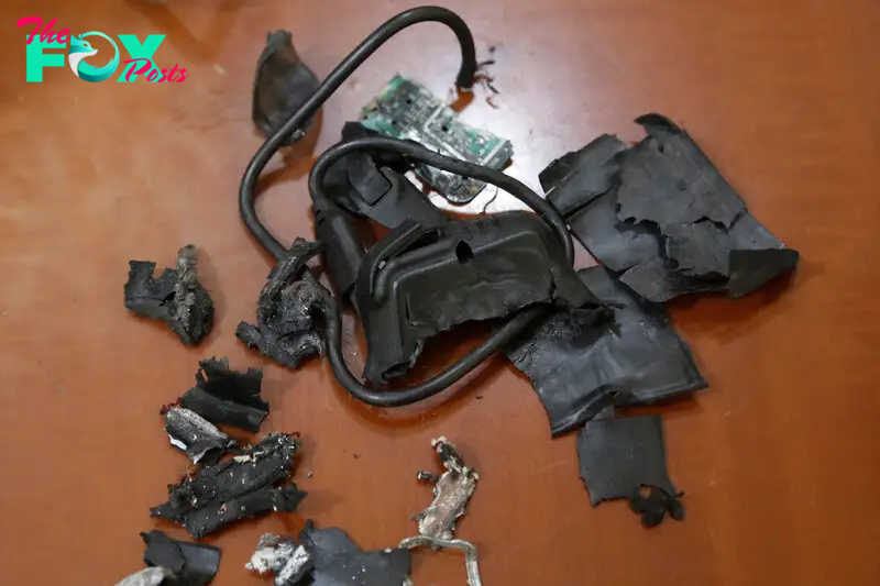 The remains of exploded pagers on display at an undisclosed location in Beirut's southern suburbs, Sept. 18, 2024.