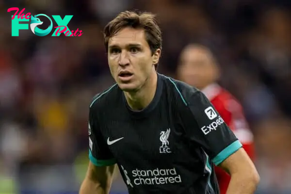 MILAN, ITALY - Tuesday, September 17, 2024: Liverpool's Federico Chiesa during the UEFA Champions League game between AC Milan and Liverpool FC at the Stadio San Siro. (Pic by David Rawcliffe/Propaganda)