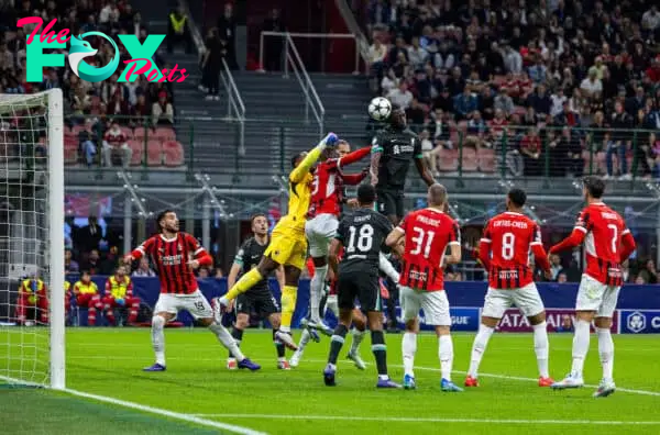 MILAN, ITALY - Tuesday, September 17, 2024: Liverpool's Ibrahima Konaté scores his side's first equalising goal during the UEFA Champions League game between AC Milan and Liverpool FC at the Stadio San Siro. (Pic by David Rawcliffe/Propaganda)