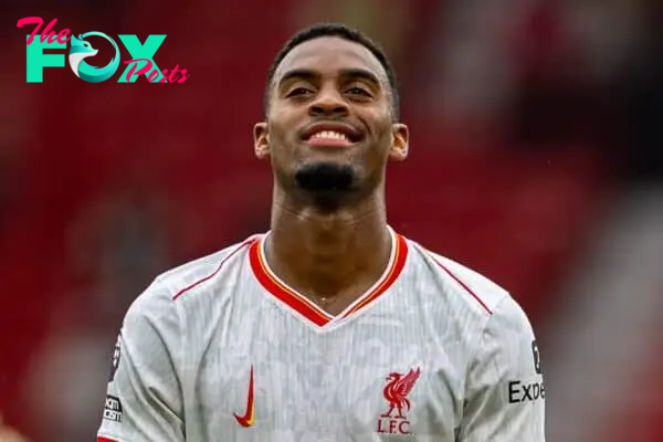 MANCHESTER, ENGLAND - Sunday, September 1, 2024: Liverpool's Ryan Gravenberch celebrates after the FA Premier League match between Manchester United FC and Liverpool FC at Old Trafford. Liverpool won 3-0. (Photo by David Rawcliffe/Propaganda)