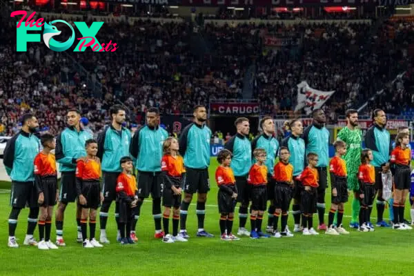 MILAN, ITALY - Tuesday, September 17, 2024: Liverpool players line-up before the UEFA Champions League game between AC Milan and Liverpool FC at the Stadio San Siro. (Pic by David Rawcliffe/Propaganda)