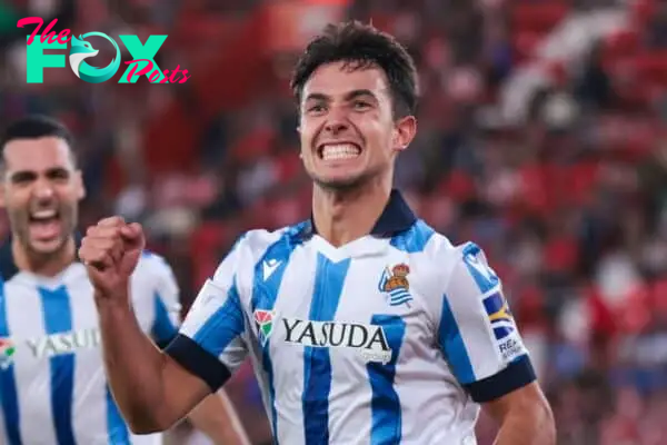 2T6RD42 November 11, 2023, Almeria, Spain: SEVILLE, SPAIN - NOVEMBER 11: Martin Zubimendi of Real Sociedad celebrate a goal during the La Liga EA Sports match between UD Almeria and Real Sociedad at Power Horse Stadium on November 11, 2023 in Almeria, Spain. (Credit Image: © Jose Luis Contreras/DAX via ZUMA Press Wire) EDITORIAL USAGE ONLY! Not for Commercial USAGE!