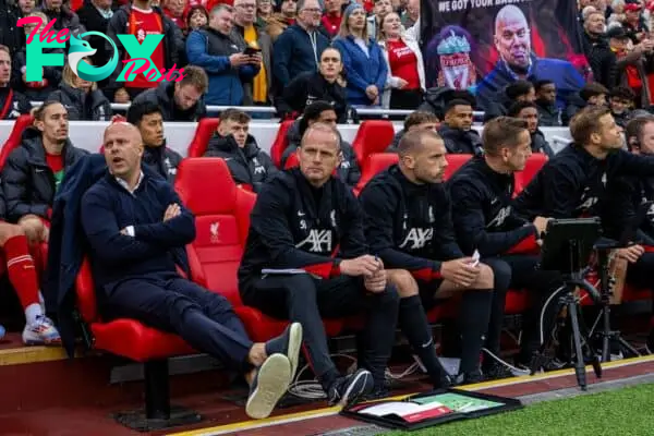 LIVERPOOL, ENGLAND - Sunday, August 25, 2024: Liverpool's (L-R) head coach Arne Slot, first assistant coach Sipke Hulshoff and assistant coach John Heitinga during the FA Premier League match between Liverpool FC and Brentford FC at Anfield. Liverpool won 2-0. (Photo by David Rawcliffe/Propaganda)