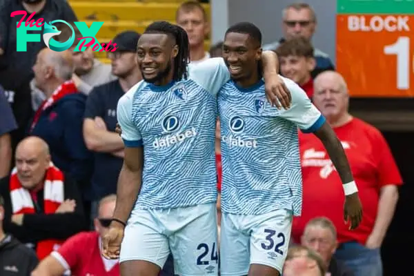 LIVERPOOL, ENGLAND - Saturday, August 19, 2023: Bournemouth's Antoine Semenyo (L) celebrates with team-mate Jaidon Anthony after scoring the first goal during the FA Premier League match between Liverpool FC and AFC Bournemouth at Anfield. Liverpool won 3-1. (Pic by David Rawcliffe/Propaganda)