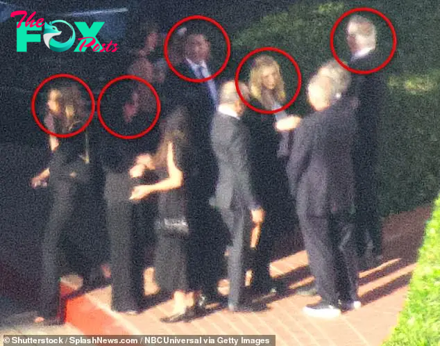 Jennifer Aniston (left), Courteney Cox (second left), David Schwimmer (center), Lisa Kudrow (second right) and Matt LeBlanc (far right) are seen on Friday at Matthew Perry's funeral