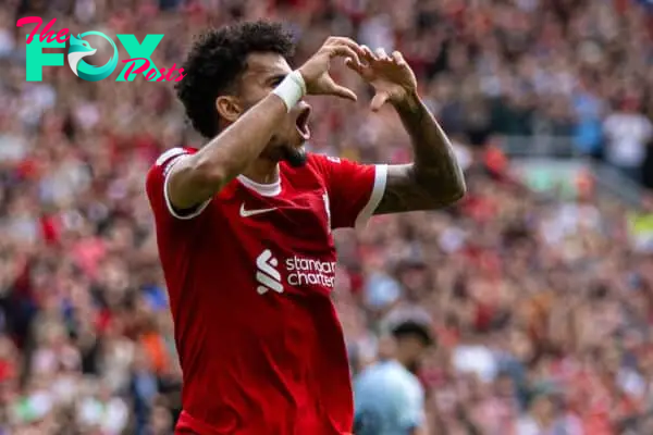 LIVERPOOL, ENGLAND - Saturday, August 19, 2023: Liverpool's Luis Díaz celebrates after scoring the opening goal during the FA Premier League match between Liverpool FC and AFC Bournemouth at Anfield. Liverpool won 3-1. (Pic by David Rawcliffe/Propaganda)