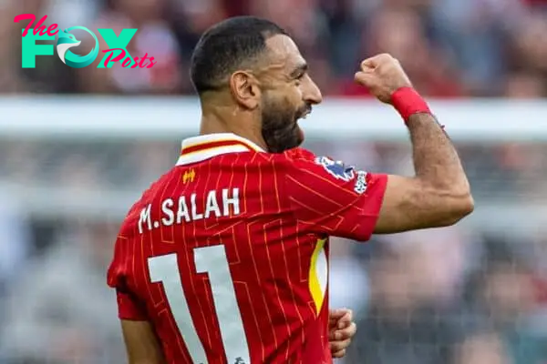 LIVERPOOL, ENGLAND - Sunday, August 25, 2024: Liverpool's Mohamed Salah celebrates after scoring the second goal during the FA Premier League match between Liverpool FC and Brentford FC at Anfield. Liverpool won 2-0. (Photo by David Rawcliffe/Propaganda)