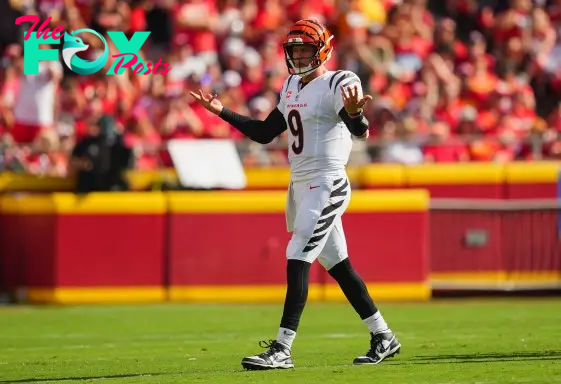 Sep 15, 2024; Kansas City, Missouri, USA; Cincinnati Bengals quarterback Joe Burrow (9) reacts during the first half against the Kansas City Chiefs at GEHA Field at Arrowhead Stadium. Mandatory Credit: Jay Biggerstaff-Imagn Images