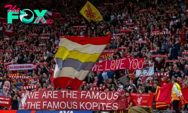 LIVERPOOL, ENGLAND - Saturday, September 14, 2024: Liverpool supporters on the Spion Kop before the FA Premier League match between Liverpool FC and Nottingham Forest FC at Anfield. Notts Forest won 1-0. (Photo by David Rawcliffe/Propaganda)