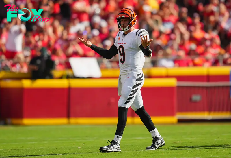 Sep 15, 2024; Kansas City, Missouri, USA; Cincinnati Bengals quarterback Joe Burrow (9) reacts during the first half against the Kansas City Chiefs at GEHA Field at Arrowhead Stadium. Mandatory Credit: Jay Biggerstaff-Imagn Images