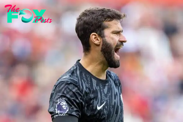 LIVERPOOL, ENGLAND - Saturday, September 14, 2024: Liverpool's goalkeeper Alisson Becker during the FA Premier League match between Liverpool FC and Nottingham Forest FC at Anfield. (Photo by David Rawcliffe/Propaganda)