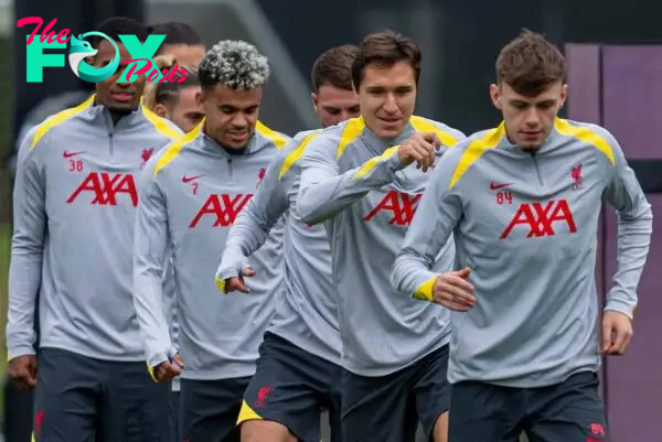 LIVERPOOL, ENGLAND - Monday, September 16, 2024: Liverpool's new signing Federico Chiesa (2nd from R) during a training session at the AXA Training Centre ahead of the UEFA Champions League match between AC Miland and Liverpool FC. (Photo by Jon Super/Propaganda)