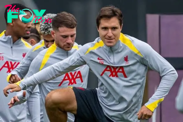 LIVERPOOL, ENGLAND - Monday, September 16, 2024: Liverpool's new signing Federico Chiesa during a training session at the AXA Training Centre ahead of the UEFA Champions League match between AC Milan and Liverpool FC. (Photo by Jon Super/Propaganda)