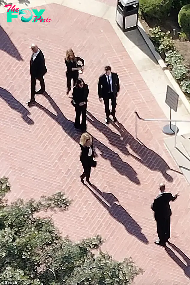 Jennifer Aniston (at the back), Courteney Cox and David Schwimmer (center) and Lisa Kudrow (front) are seen on Friday at Forest Lawn Church of the Hills, in Los Angeles