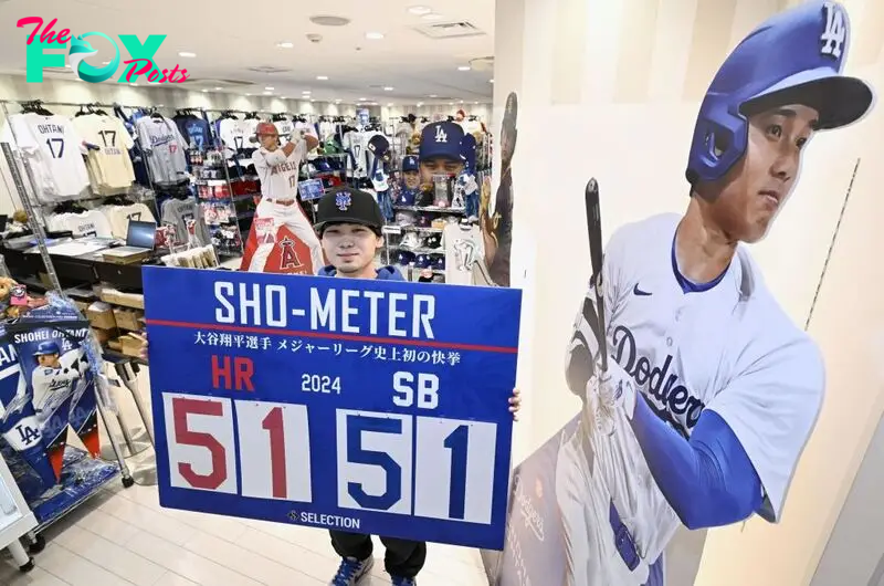 A counter for home runs and stolen bases by Shohei Ohtani of the Los Angeles Dodgers in a season at a store in Hokkaido, Japan, on Sept. 20, 2024.