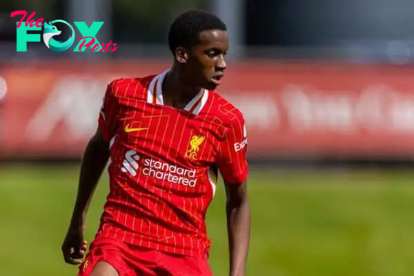 KIRKBY, ENGLAND - Saturday, August 24, 2024: Liverpool's Trey Nyoni during the Premier League 2 Division 1 match between Liverpool FC Under-21's and Leicester City FC Under-21's at the Liverpool Academy. Leicester won 2-1. (Photo by David Rawcliffe/Propaganda)