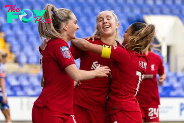 BIRKENHEAD, ENGLAND - Sunday, February 5, 2023: Liverpool's Missy Bo Kearns (C) celebrates with team-mates Melissa Lawley (L) and Taylor Hinds (R) after scoring the opening goal during the FA Women’s Super League game between Liverpool FC Women and Reading FC Women at Prenton Park. Liverpool won 2-0. (Pic by David Rawcliffe/Propaganda)