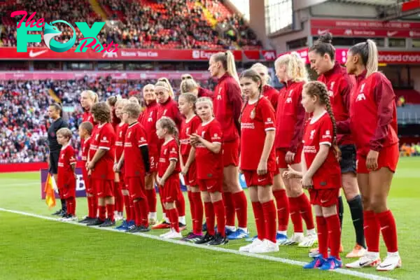 LIVERPOOL, ENGLAND - Sunday, October 15, 2023: Mascots before the FA Women’s Super League game between Liverpool FC Women and Everton FC Women at Anfield. (Pic by Paul Greenwood/Propaganda)