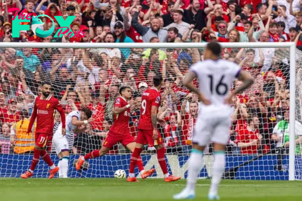 LIVERPOOL, ENGLAND - Saturday, September 21, 2024: Liverpool's Luis Díaz celebrates after scoring the second goal during the FA Premier League match between Liverpool FC and AFC Bournemouth at Anfield. (Photo by David Rawcliffe/Propaganda)