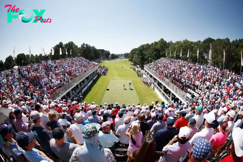 CHARLOTTE, NORTH CAROLINA - SEPTEMBER 22: A general view of the first tee ceremony is seen during the Thursday foursome matches on day one of the 2022 Presidents Cup at Quail Hollow Country Club on September 22, 2022 in Charlotte, North Carolina.   Jared C. Tilton/Getty Images/AFP