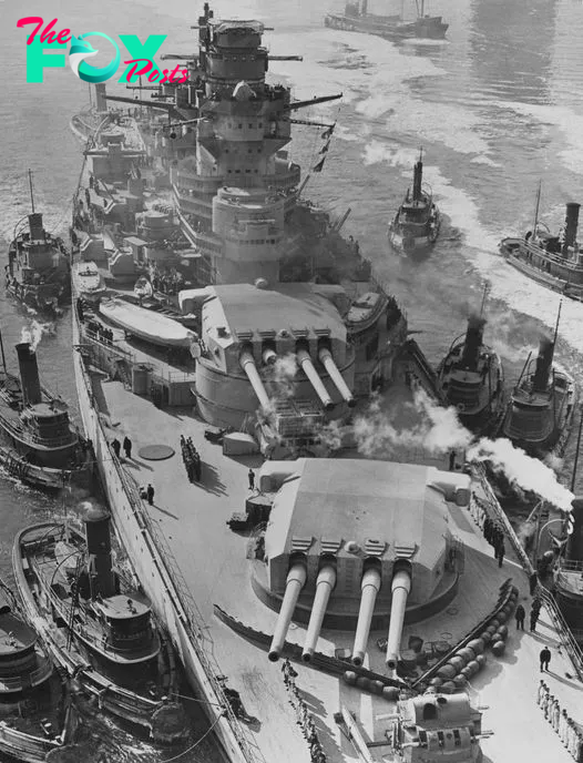 French Battleship Richelieu Navigates East River for Repairs at Brooklyn Navy Yard, February 1943