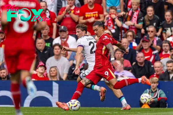 LIVERPOOL, ENGLAND - Saturday, September 21, 2024: Liverpool's Darwin Núñez scores the third goal during the FA Premier League match between Liverpool FC and AFC Bournemouth at Anfield. (Photo by David Rawcliffe/Propaganda)