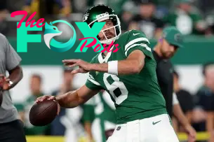 Sep 19, 2024; East Rutherford, New Jersey, USA; New York Jets quarterback Aaron Rodgers (8) warms up before a game against the New England Patriots at MetLife Stadium. Mandatory Credit: Brad Penner-Imagn Images