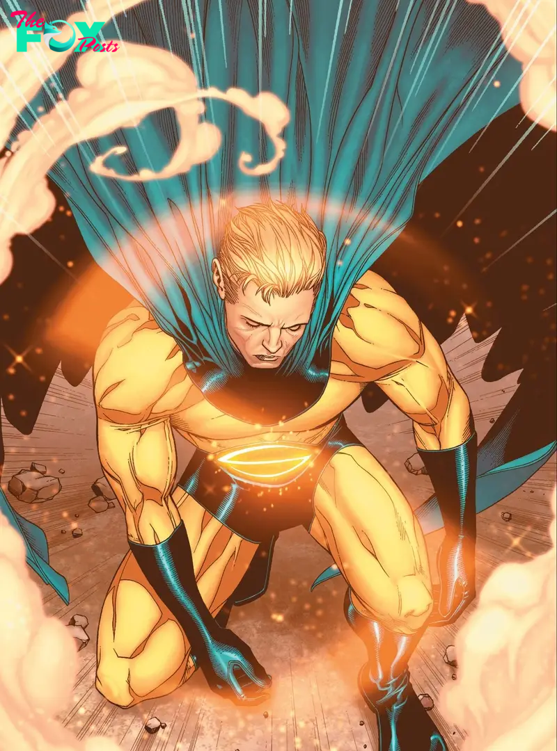 Robert Reynolds/the Sentry, kneeling on the ground in classic superhero style, looking kind of sad with his eyes closed, wreathed in glowing smoke. He’s got a skin-tight golden yellow costume, with blue-black gloves, boots, trunks, and a blue cape. There’s a big, glowing, golden S on his belt. In New Avengers #10 (2005).