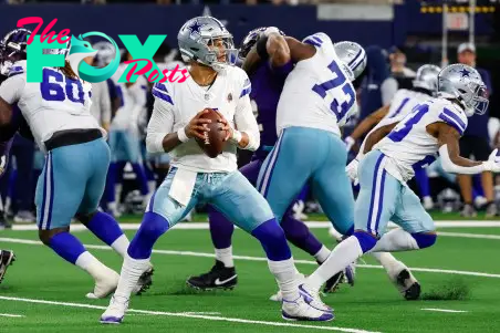 Sep 22, 2024; Arlington, Texas, USA; Dallas Cowboys quarterback Dak Prescott (4) drops back to pass fourth quarter against the Baltimore Ravens at AT&T Stadium. Mandatory Credit: Andrew Dieb-Imagn Images