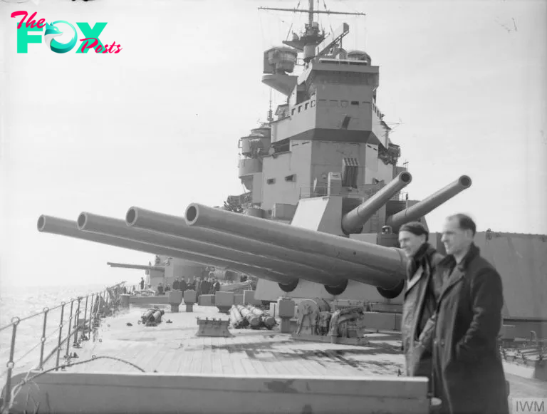 French Battleship Richelieu Navigates East River for Repairs at Brooklyn Navy Yard, February 1943