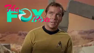 A screenshot of an episode of Star Trek showing William Shatner as Captain James T. Kirk wearing the iconic Starfleet badge