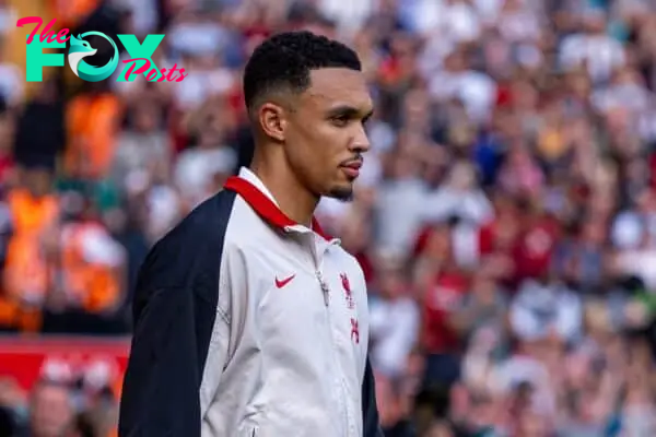 LIVERPOOL, ENGLAND - Saturday, September 21, 2024: Liverpool's Trent Alexander-Arnold walks out matchday lineup before the FA Premier League match between Liverpool FC and AFC Bournemouth at Anfield. Liverpool won 3-0. (Photo by David Rawcliffe/Propaganda)