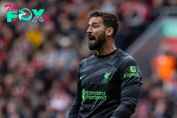 LIVERPOOL, ENGLAND - Sunday, April 14, 2024: Liverpool's goalkeeper Alisson Becker during the FA Premier League match between Liverpool FC and Crystal Palace FC at Anfield. (Photo by David Rawcliffe/Propaganda)