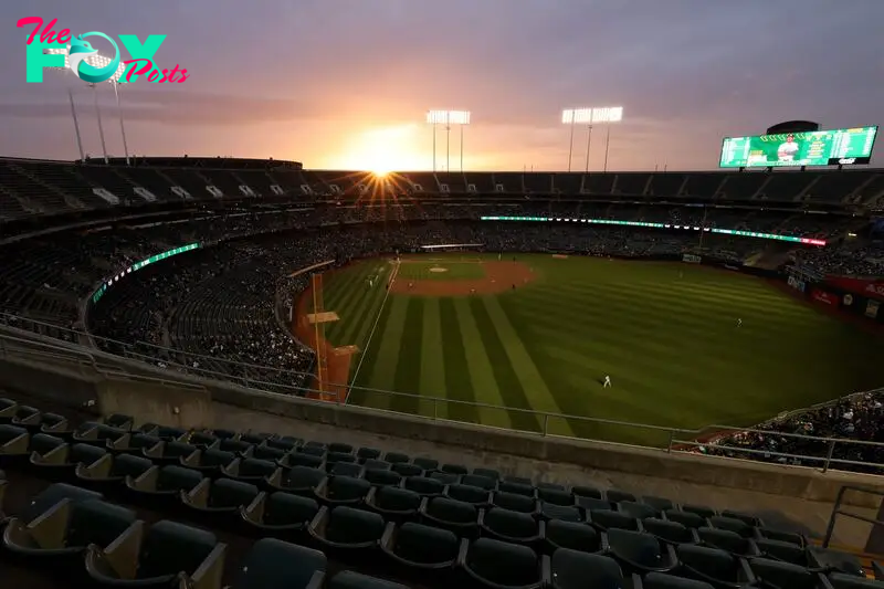 OAKLAND, CALIFORNIA - MARCH 28: A general view of the Oakland Athletics playing against the Cleveland Guardians in the second inning at Oakland Coliseum on March 28, 2024 in Oakland, California.   Ezra Shaw/Getty Images/AFP (Photo by EZRA SHAW / GETTY IMAGES NORTH AMERICA / Getty Images via AFP)