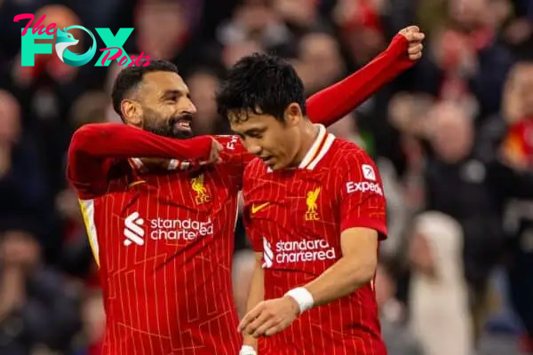 LIVERPOOL, ENGLAND - Wednesday, September 25, 2024: Liverpool's Mohamed Salah celebrates after scoring his side's third goal during the Football League Cup 3rd Round match between Liverpool FC and West Ham United FC at Anfield. (Photo by Ryan Brown/Propaganda)