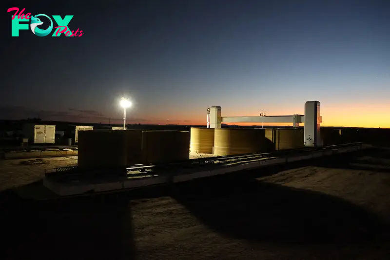 The 3D printer worksite of the first residential home and hotel unit at El Cosmico campground and hotel in Marfa