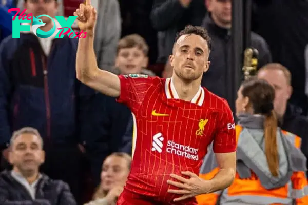 LIVERPOOL, ENGLAND - Wednesday, September 25, 2024: Liverpool's Diogo Jota celebrates after scoring his side's first equalising goal during the Football League Cup 3rd Round match between Liverpool FC and West Ham United FC at Anfield. (Photo by Ryan Brown/Propaganda)