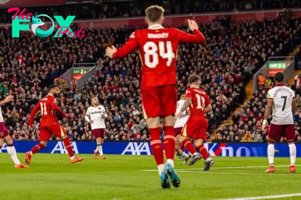 LIVERPOOL, ENGLAND - Wednesday, September 25, 2024: Liverpool's Mohamed Salah scores the third goal during the Football League Cup 3rd Round match between Liverpool FC and West Ham United FC at Anfield. (Photo by Ryan Brown/Propaganda)