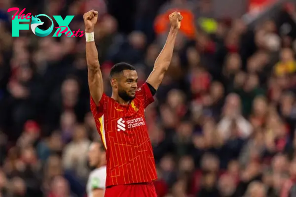 LIVERPOOL, ENGLAND - Wednesday, September 25, 2024: Liverpool's Cody Gakpo celebrates after scoring his side's fourth goal during the Football League Cup 3rd Round match between Liverpool FC and West Ham United FC at Anfield. (Photo by Ryan Brown/Propaganda)