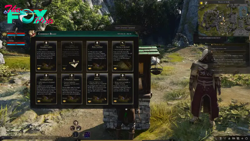 Ashes of Creation Lionhold preview - a player accepts commissions from a board in the starting town, offering ways to claim quick rewards for simple quests.