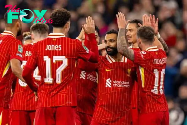 LIVERPOOL, ENGLAND - Wednesday, September 25, 2024: Liverpool's Mohamed Salah celebrates after scoring his side's third goal during the Football League Cup 3rd Round match between Liverpool FC and West Ham United FC at Anfield. (Photo by Ryan Brown/Propaganda)