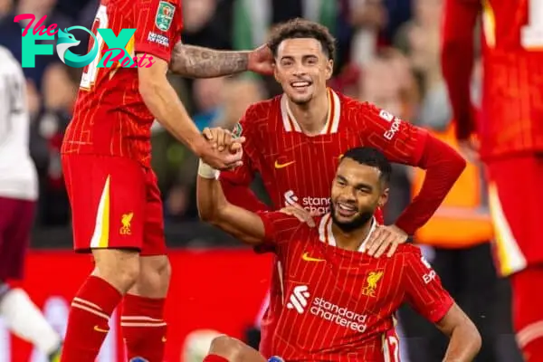 LIVERPOOL, ENGLAND - Wednesday, September 25, 2024: Liverpool's Cody Gakpo celebrates after scoring the fifth goal during the Football League Cup 3rd Round match between Liverpool FC and West Ham United FC at Anfield. (Photo by Ryan Brown/Propaganda)