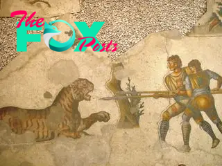 Mosaic painting of two people pointing spears at a tiger.